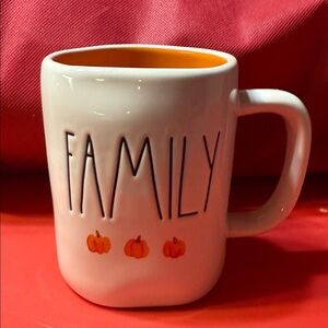 Rae Dunn Cream and Orange 'Family' Mug with Pumpkin Design